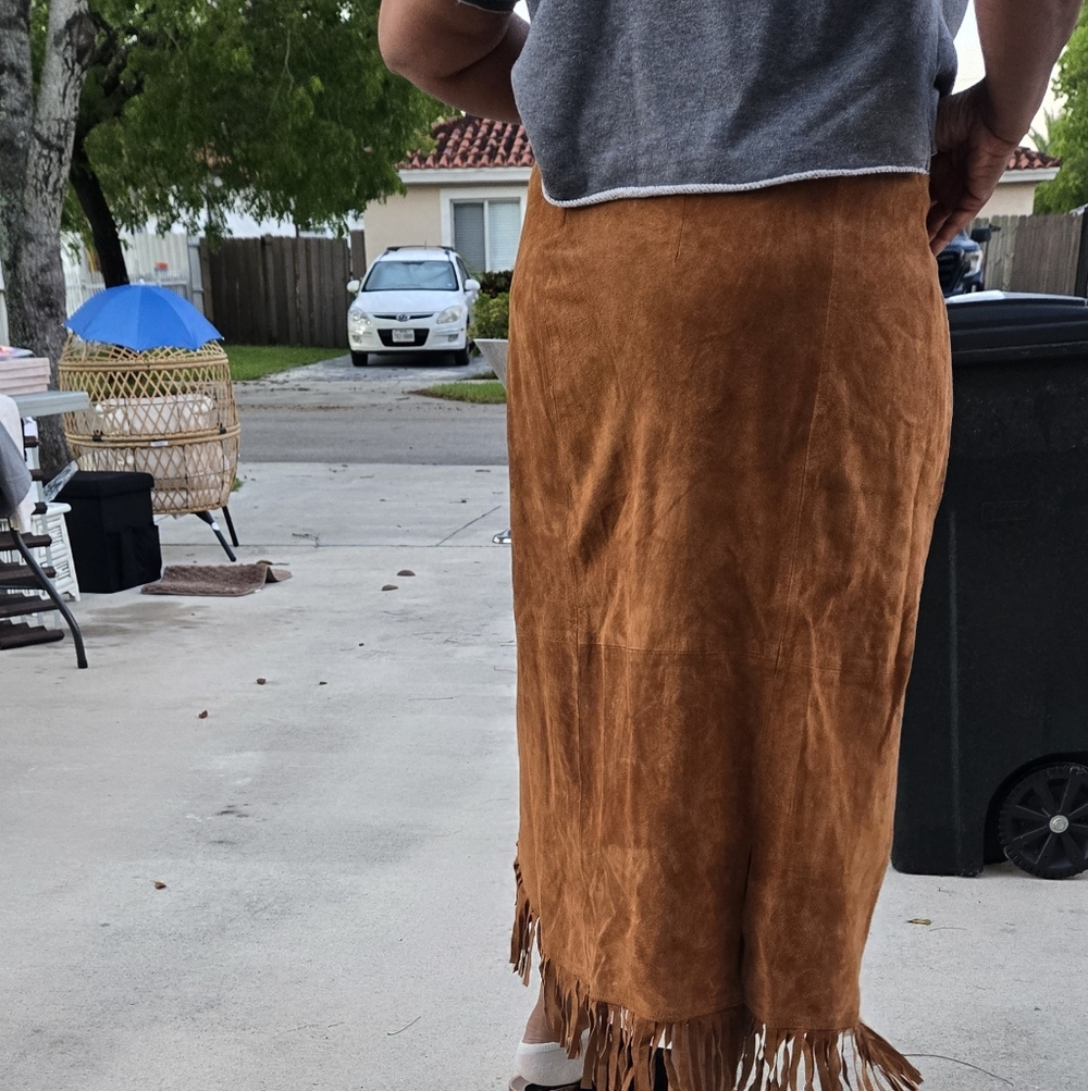 Suede Fringe Maxi Skirt in Rust